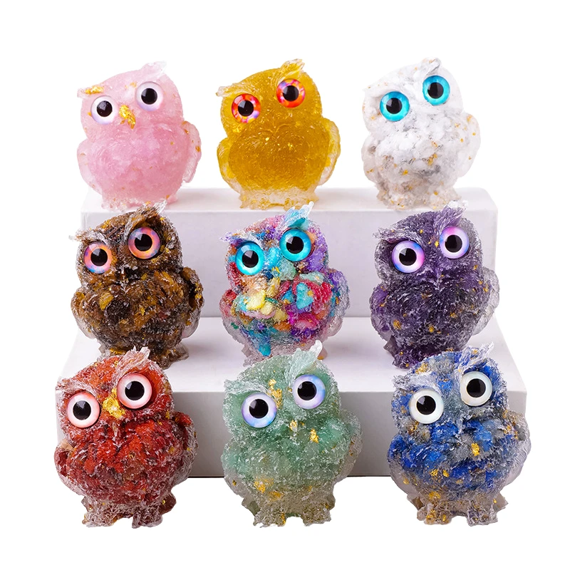 天然水晶碎石滴胶树脂猫头鹰家居桌面装饰工艺品摆件桌面摆设