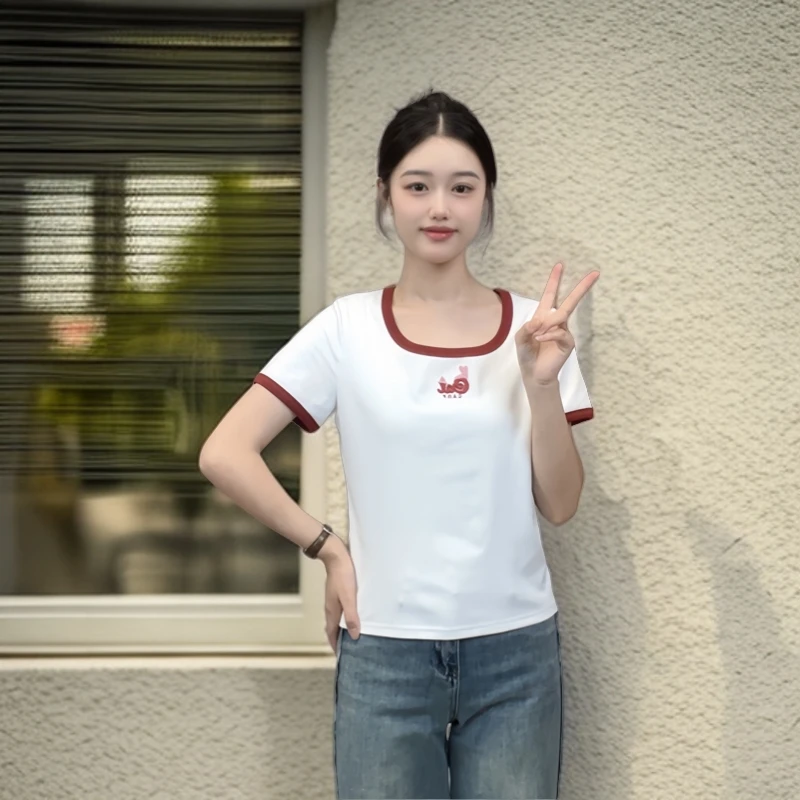 撞色U领刺绣简约时尚白色透气柔软弹力棉质纯色夏季洋气衣服女