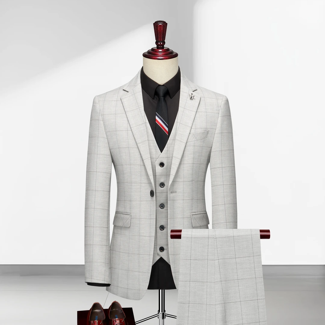 休闲西装正装男士套装订婚衣服结婚新郎西服格子高贵修身商务职业