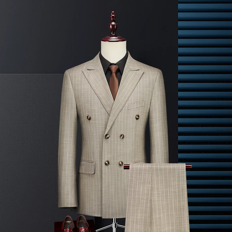 卡其条纹西装套装新郎结婚礼服商务休闲韩版帅气西服双开叉双排扣