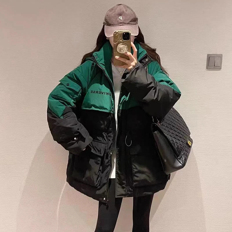 拼色工装派克服羽绒羽绒服女欧洲站2023冬装新款欧货加厚外套