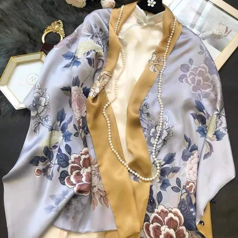 达芬奇密码2025新款175*53cm100%桑蚕丝双层双色盘扣披肩花魁牡丹