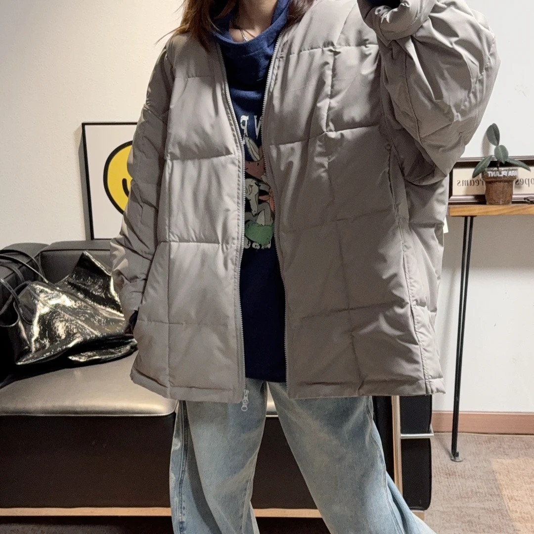 2024冬季新款设计师款高定米灰色无领棉服外套女宽松显瘦高级百搭