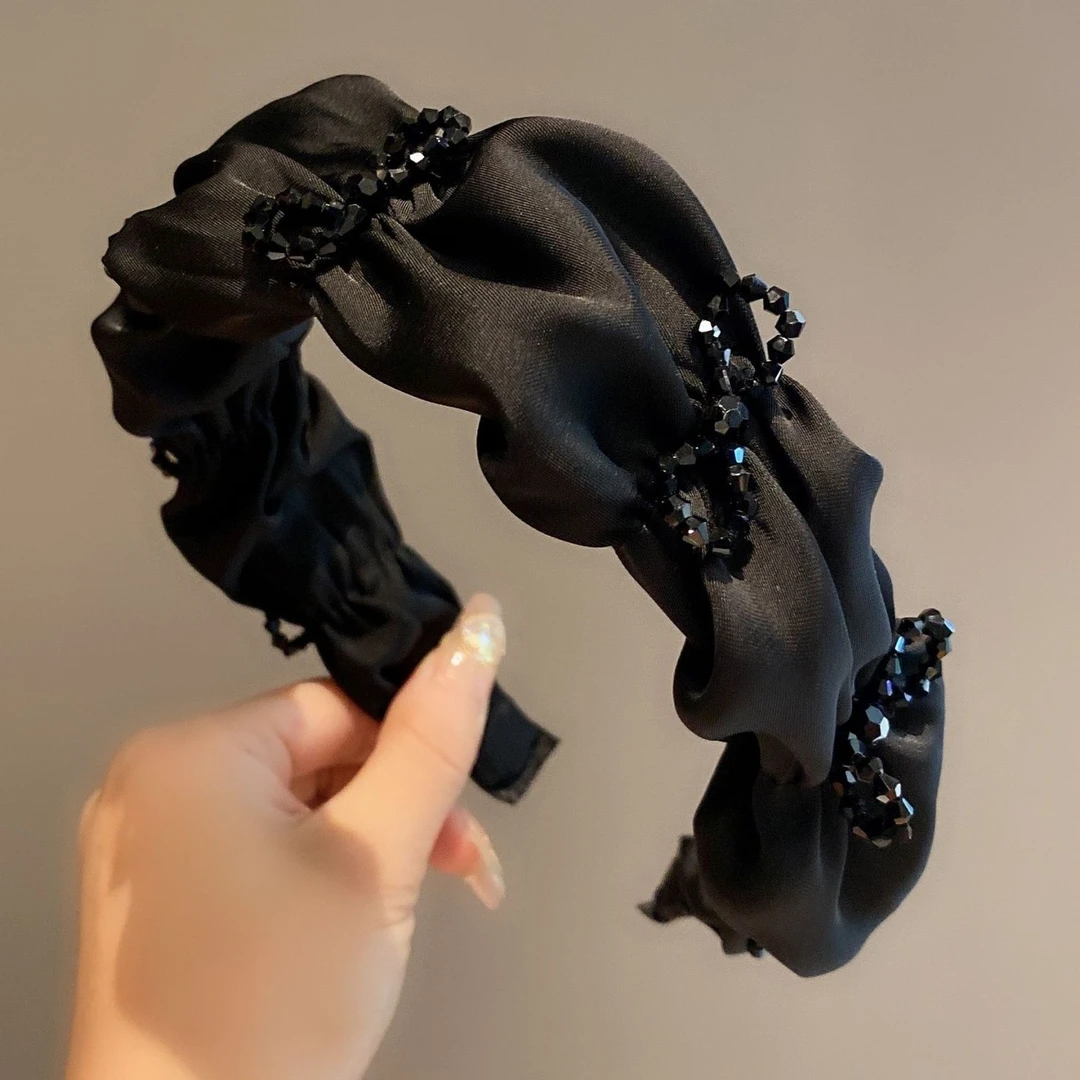 高级缎面黑色水晶发箍女宽边褶皱高颅气质发卡2024新款发饰