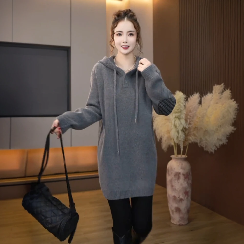 宽松显瘦连帽时尚针织衫毛衣2025秋冬新款休闲中长款百搭休闲上衣