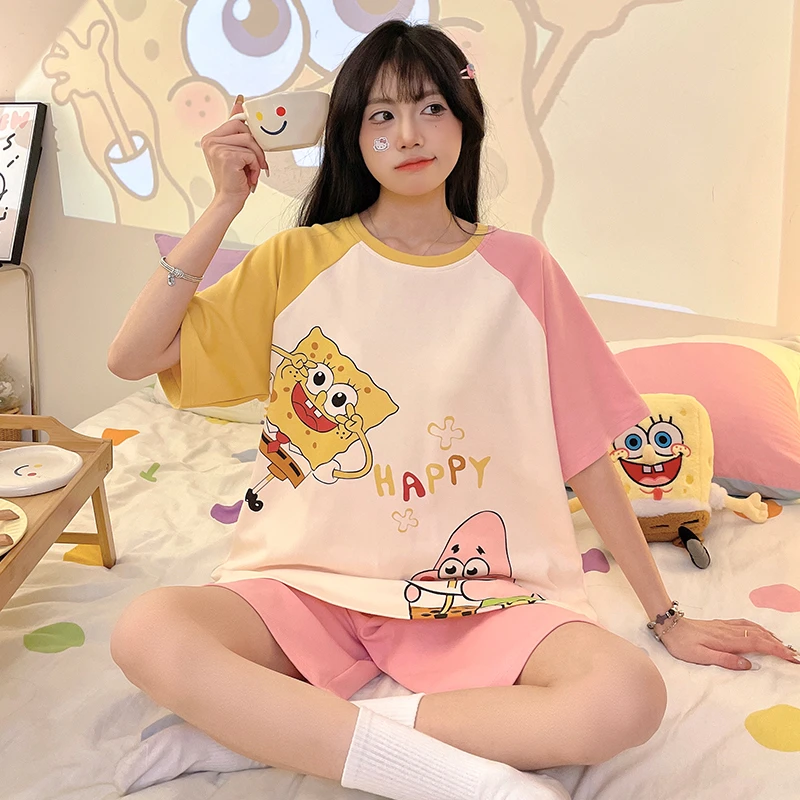 纯棉夏季睡衣女2025新款学生少女卡通海绵宝宝家居服卡通夏天套装
