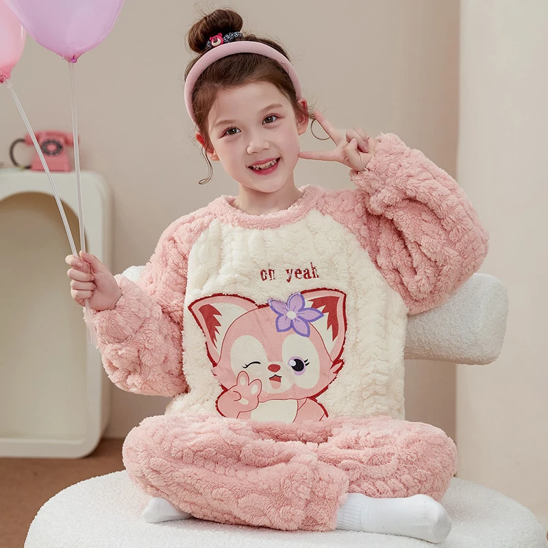 儿童睡衣女童法兰绒冬季卡通中大孩玲娜贝尔珊瑚绒加厚家居服套装