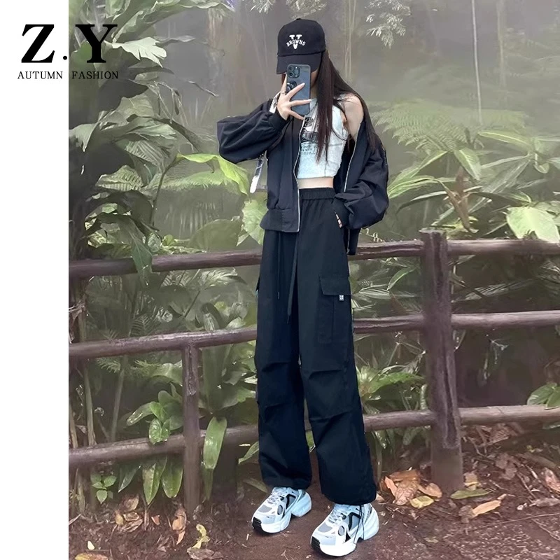 黑色工装裤女小个子春秋新款美式高腰显瘦又酷又飒窄版阔腿登山裤