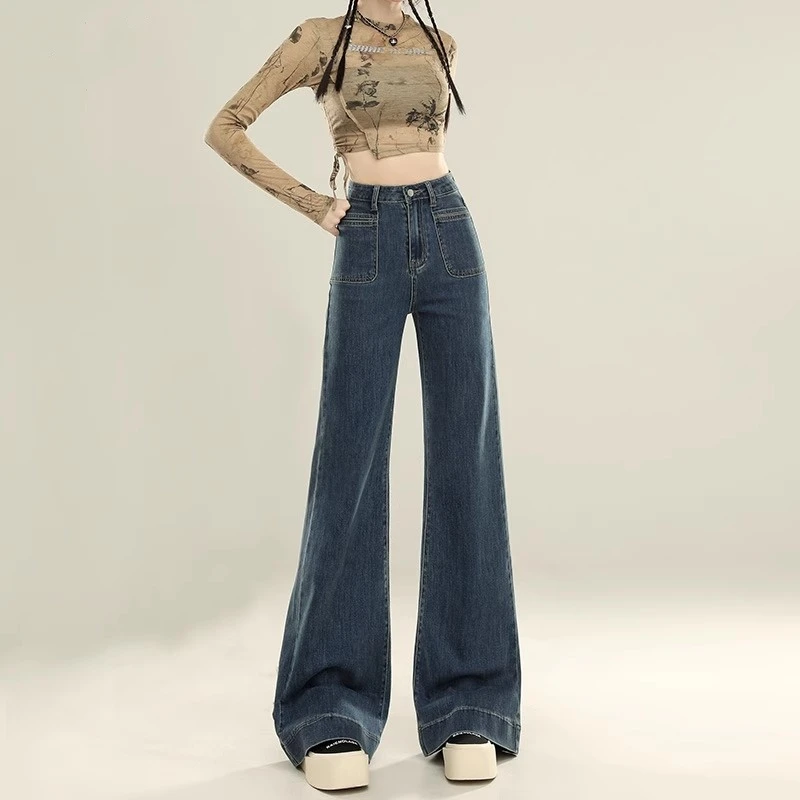 复古微喇牛仔裤女秋季2025新款宽松慵懒风高腰显瘦垂感拖地阔腿裤