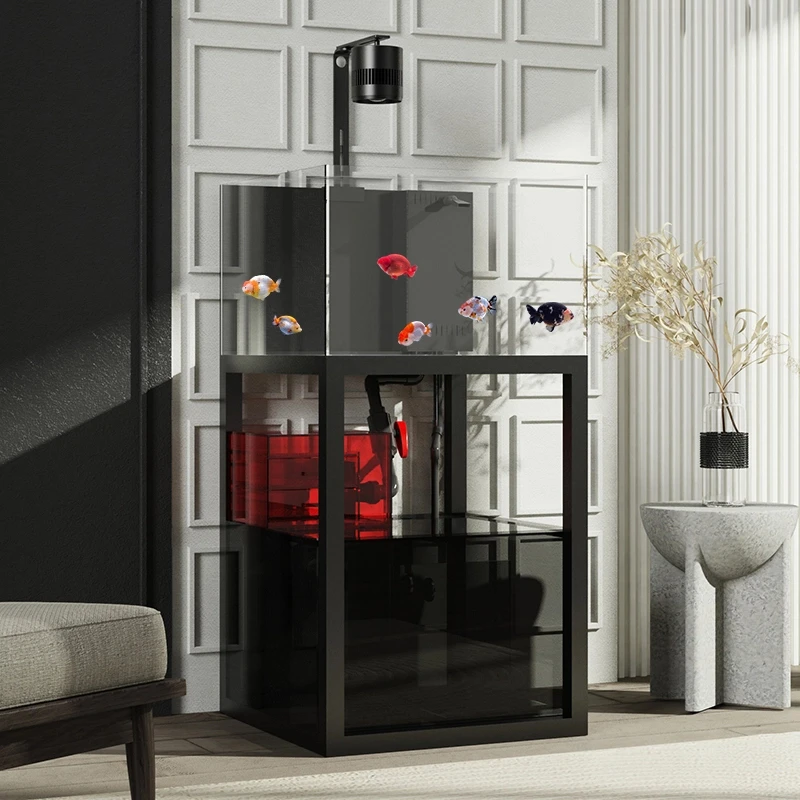 老渔匠60cm方缸底滤鱼缸客厅家用小型工业风超白玻璃兰寿金鱼缸