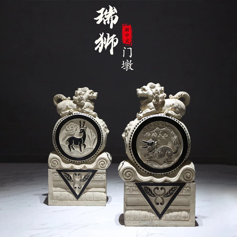 中式仿石雕门墩抱鼓石饭店酒店玄关大门口门当狮子貔貅装饰品摆件