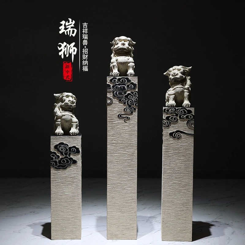 新中式狮子摆件办公室花园玄关装饰仿石拴马柱麒麟貔貅拴马桩