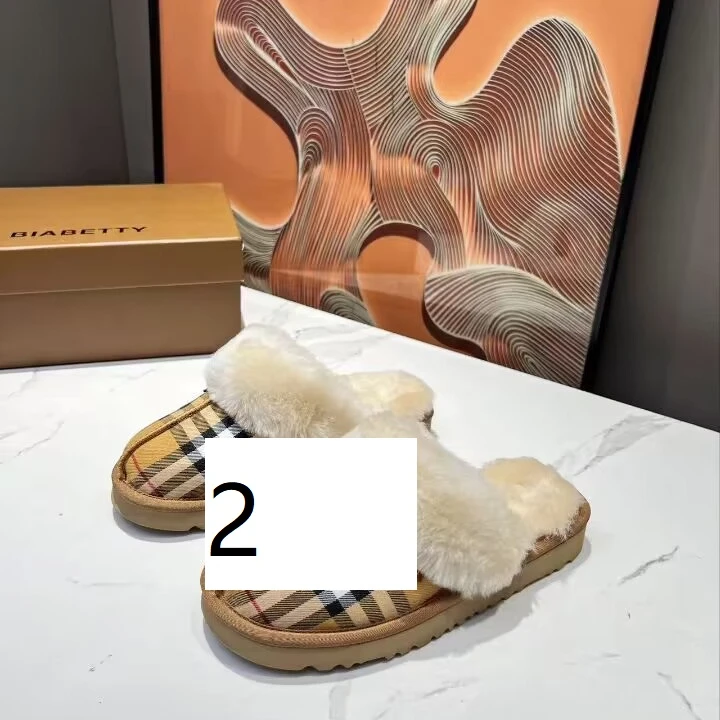 新款秋冬时尚经典舒适潮居家真毛里包头懒人半托保暖格子纹女拖鞋