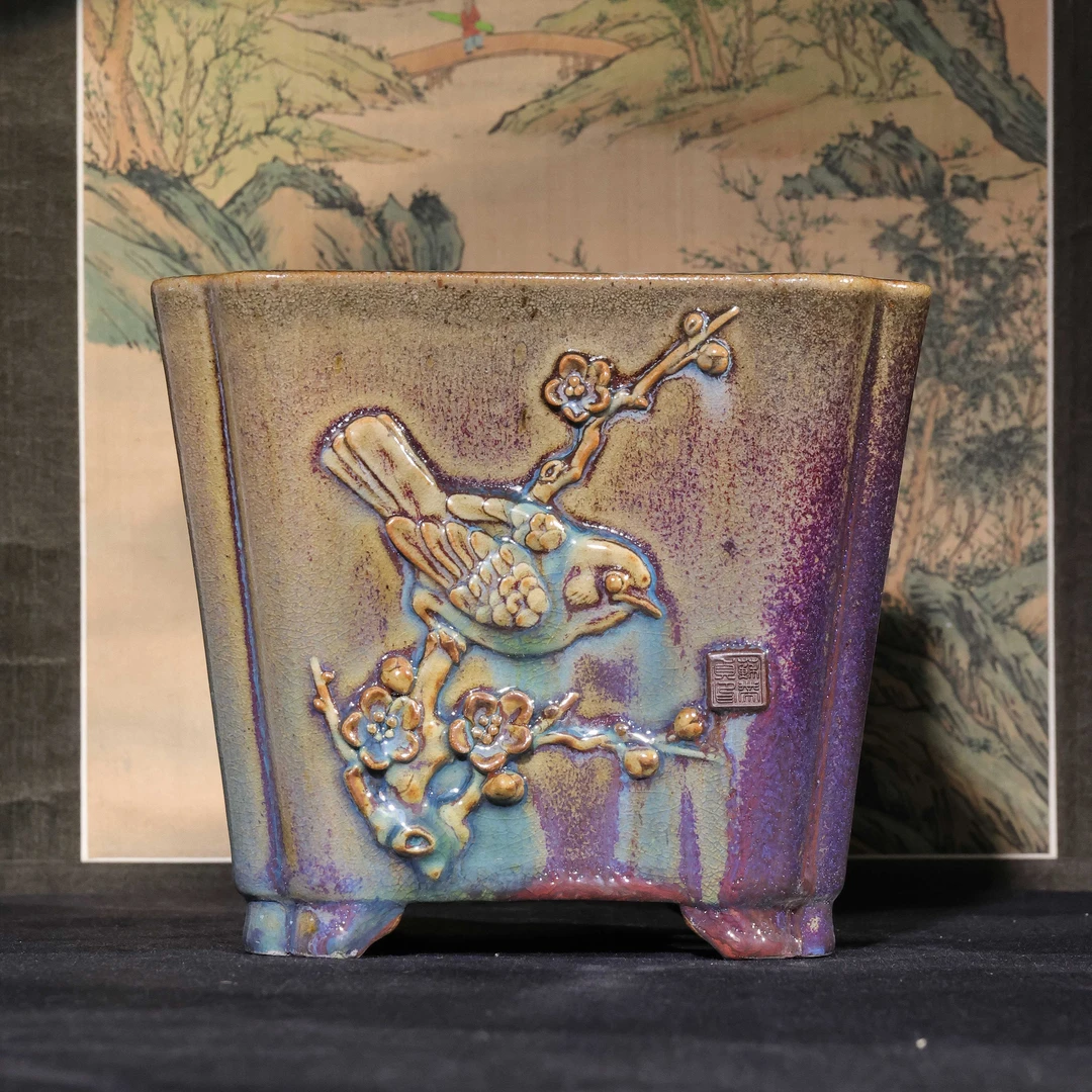 【精品】陶一峰石湾花盆 窑变精品 手工制作贴花装饰工艺陶瓷花盆