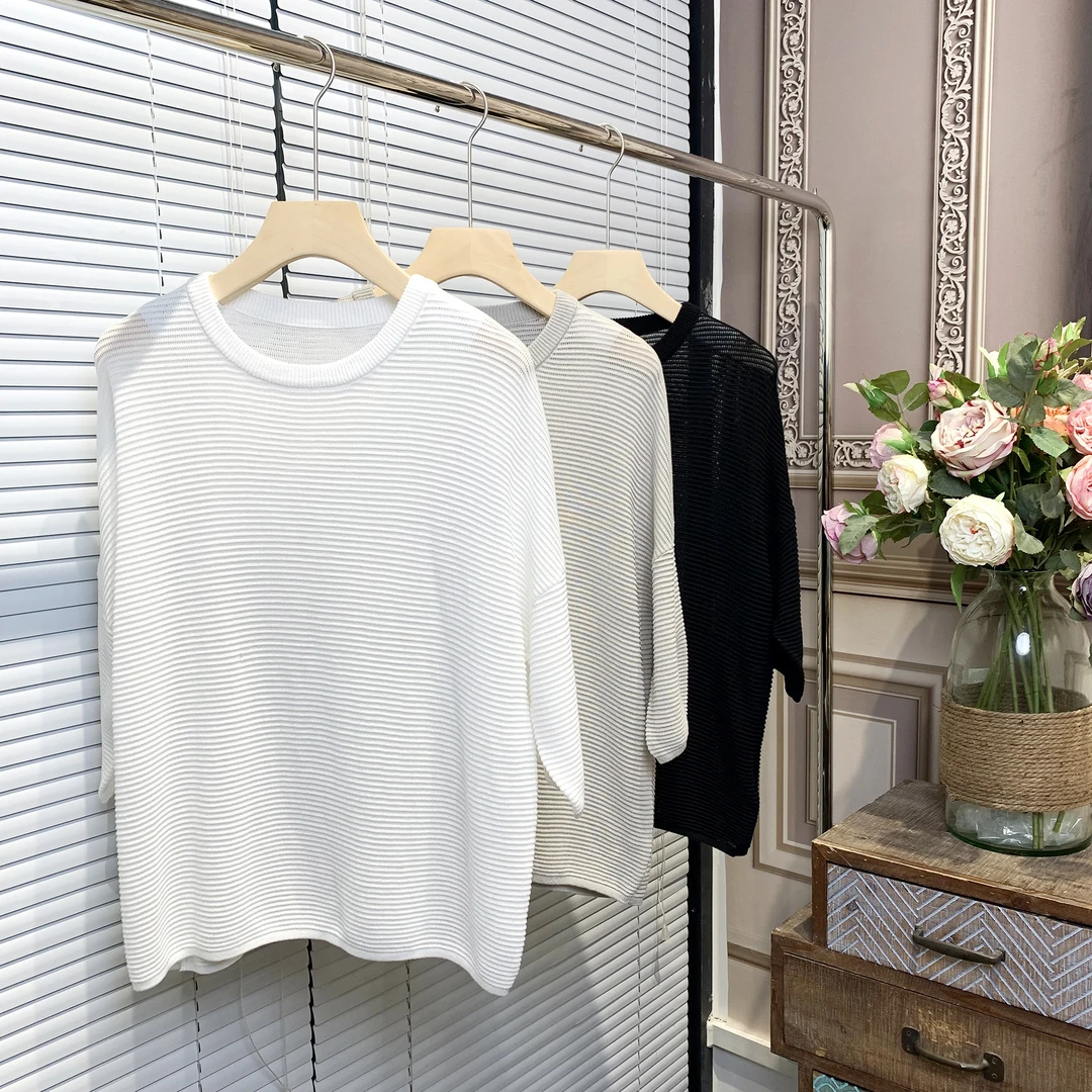 23024夏季新款薄款莱赛尔冰丝落肩纯色圆领中袖T恤休闲透气短袖衫