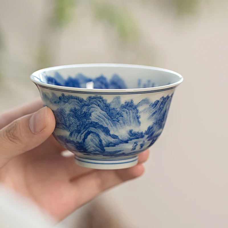 一思堂陶瓷茶杯景德镇柴窑青花手工手绘山水点工重工满绘主人单杯