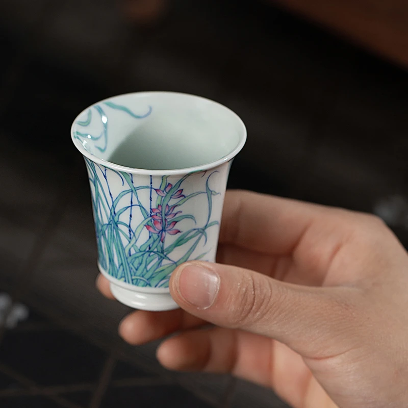 一思堂品茗杯 景德镇青花斗彩柴窑芝兰秀石主人杯高脚个人闻香杯