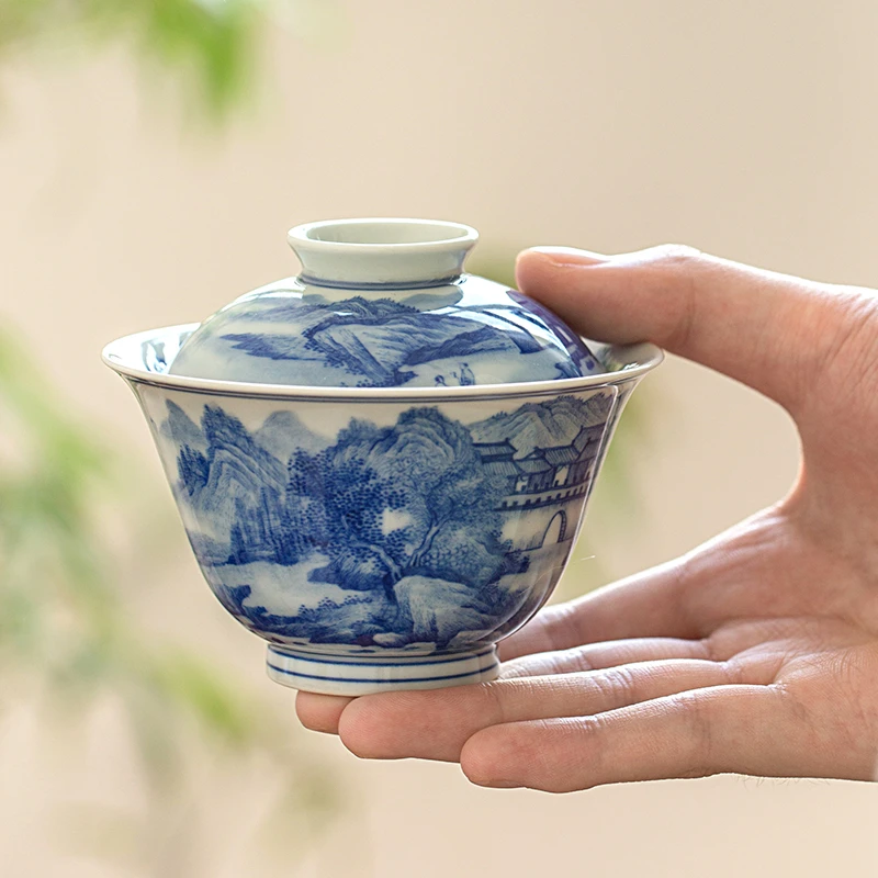 一思堂陶瓷盖碗景德镇柴窑青花手工手绘山水功夫茶泡茶碗盖碗茶杯