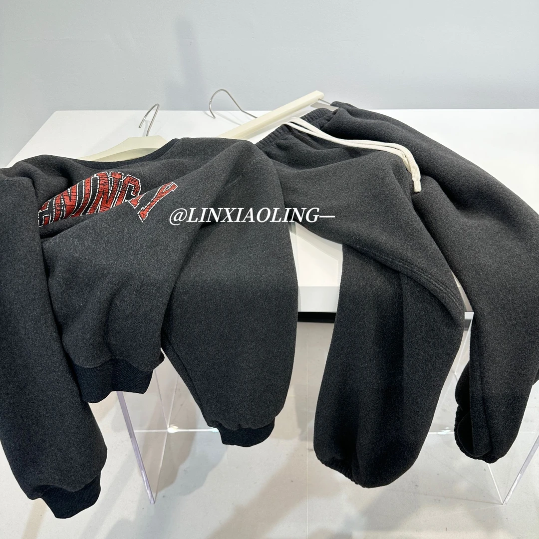 美式加绒运动套装女冬季新款圆领字母卫衣收口卫裤休闲套装