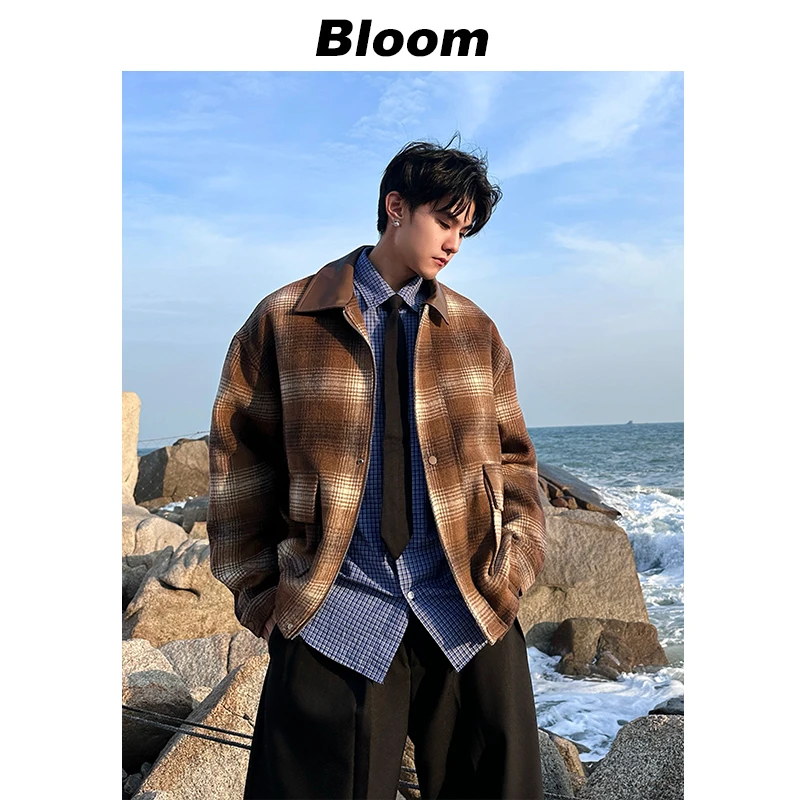 Bloom Studio夹克男秋季新品韩版复古百搭格纹翻领宽松休闲外套男