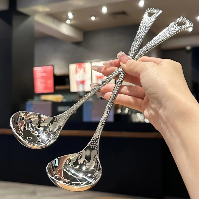 不锈钢火锅勺汤勺漏勺家用厨房烹饪勺长柄汤壳漏勺手工网红可爱