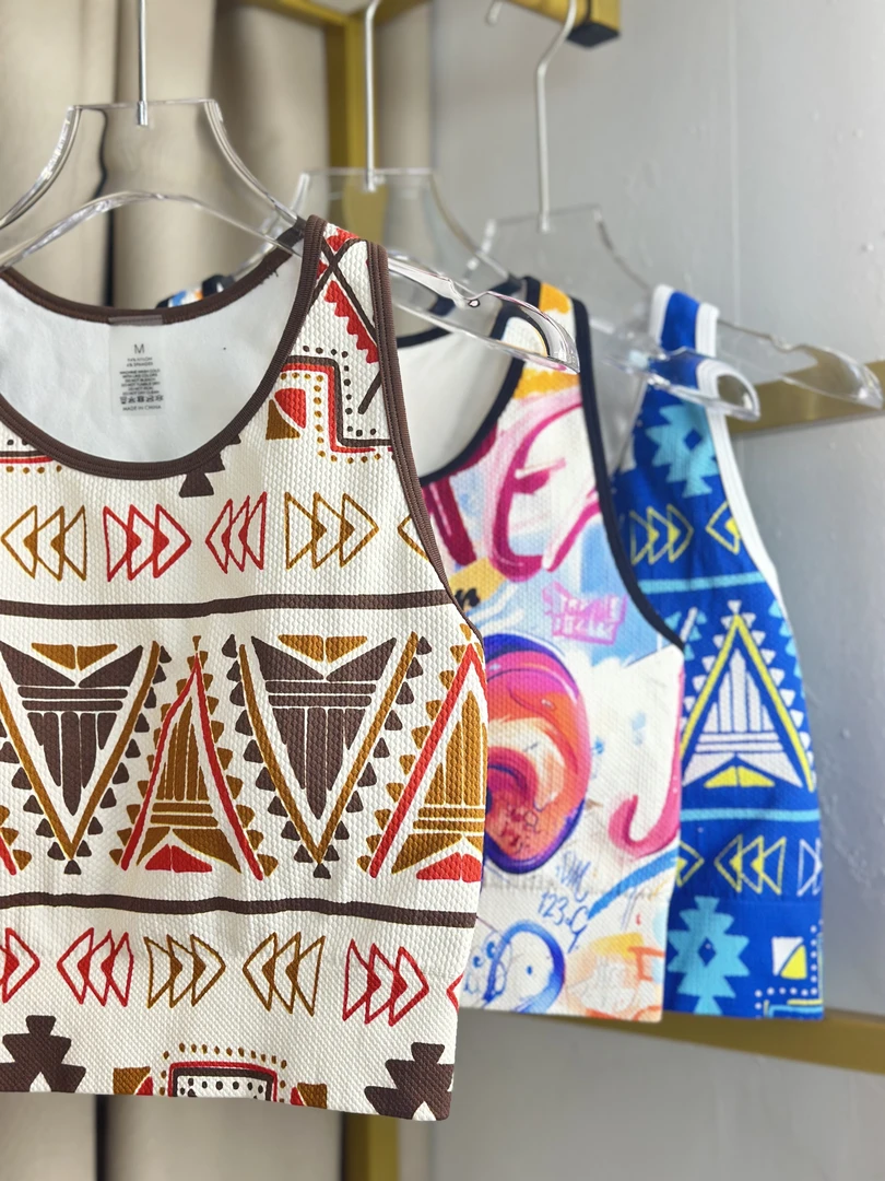 【D1-D200】外贸休闲瑜伽健身服复古卡通印花色无袖打底牛仔运动