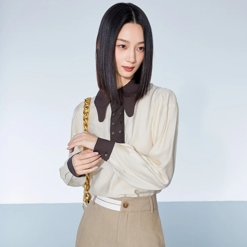 拼接撞色长袖衬衫女百搭小衫小个子上衣151S4012