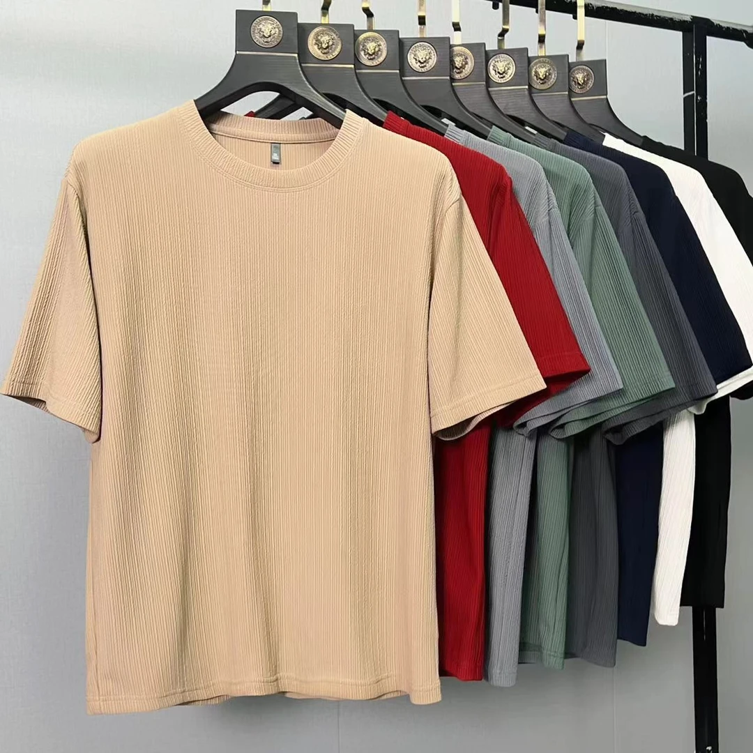 夏季纯色立体提花休闲百搭时尚透气韩版男士短袖圆领套头打底T恤