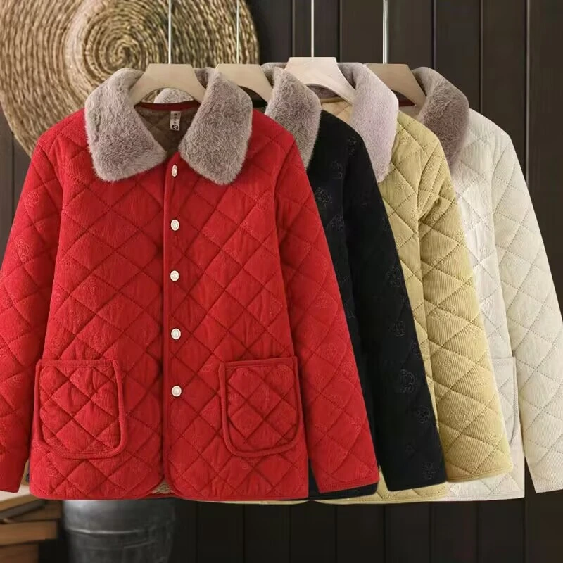 秋冬新款洋气加绒加厚外套中老年大码棉衣加绒棉服棉袄百搭