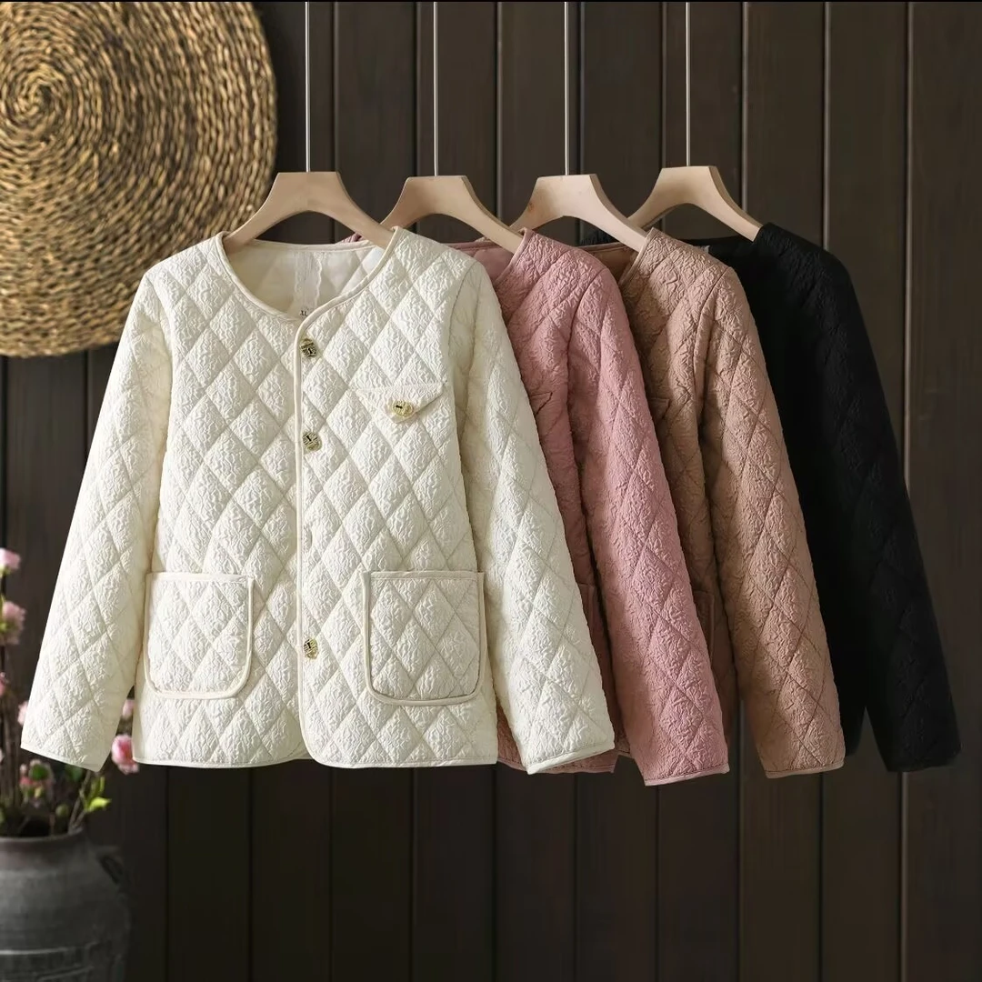 春季新款小香风棉衣外套轻薄宽松时尚休闲薄款菱形格棉服