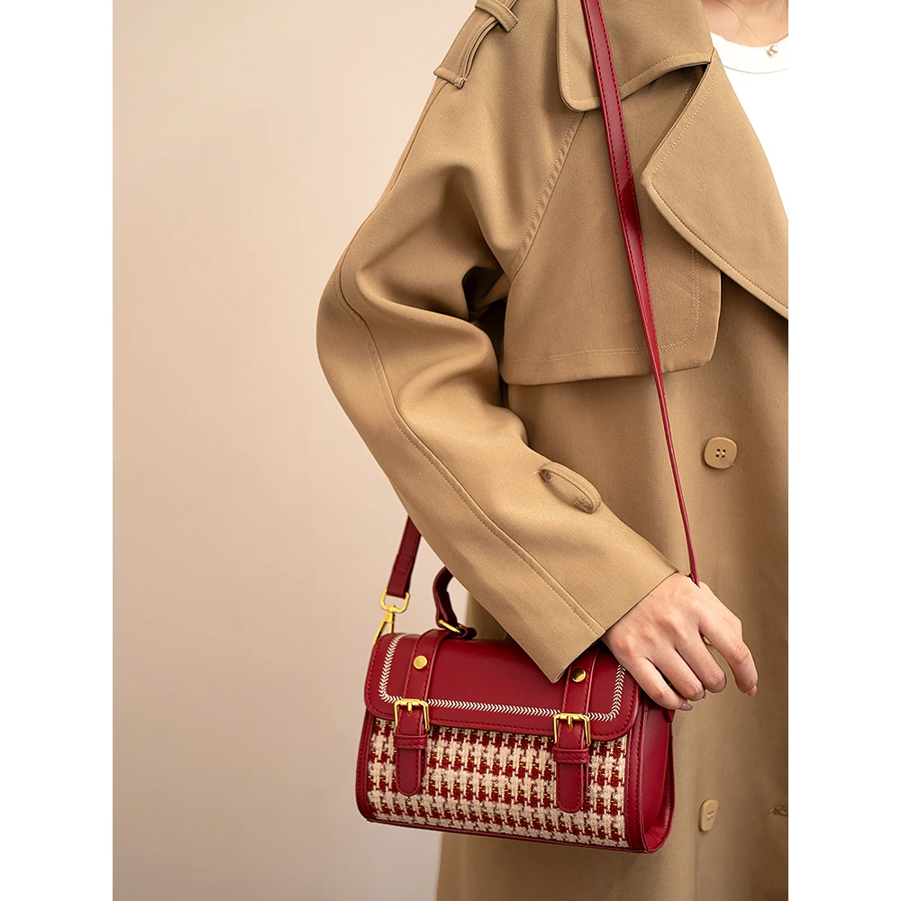 CHEVIOS&KOIRH红色千鸟格剑桥包女2024秋冬呢子包包手提新娘结婚