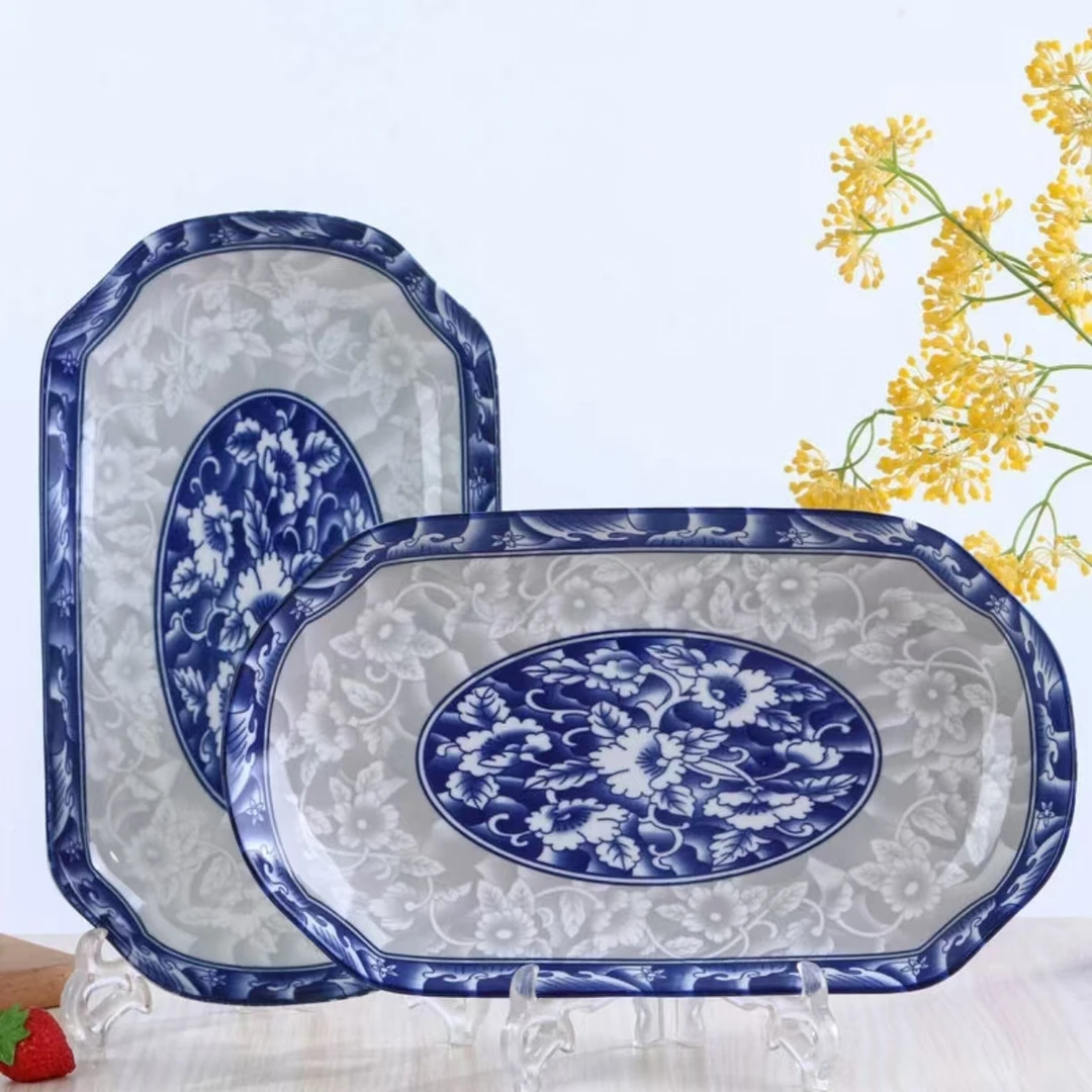 青花瓷鱼盘家用新款双耳大鱼盘鱼盘子长方形陶瓷鱼盘子大号陶瓷盘