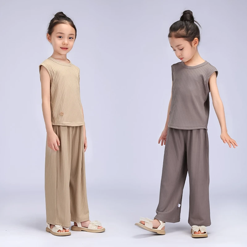 新款女童冰丝套装女宝宝无袖背心上衣阔腿裤透气宽松两件套夏季
