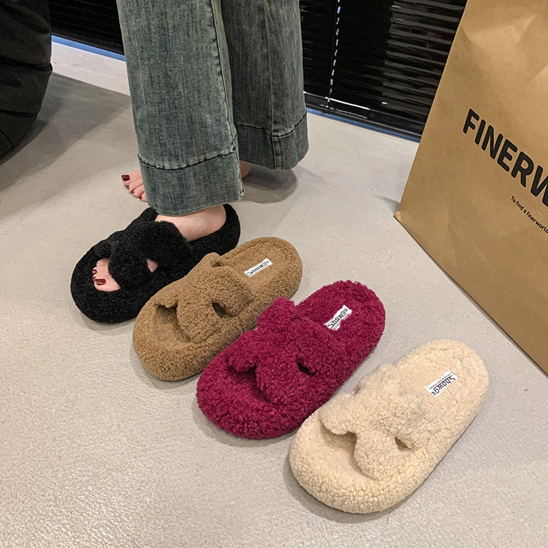 爆款羔毛毛拖鞋女外穿2024新款秋冬家居保暖一字棉拖鞋多巴胺色