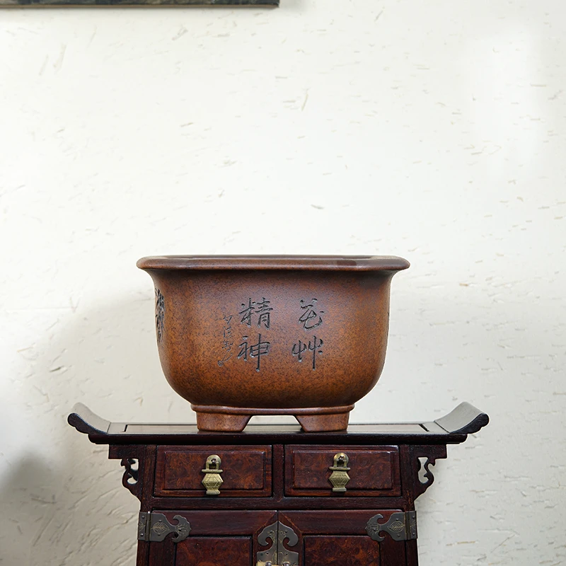 秦夕洪紫砂兰花盆筋纹春兰建兰绿植桌面阳台盆宜兴复古原矿红色