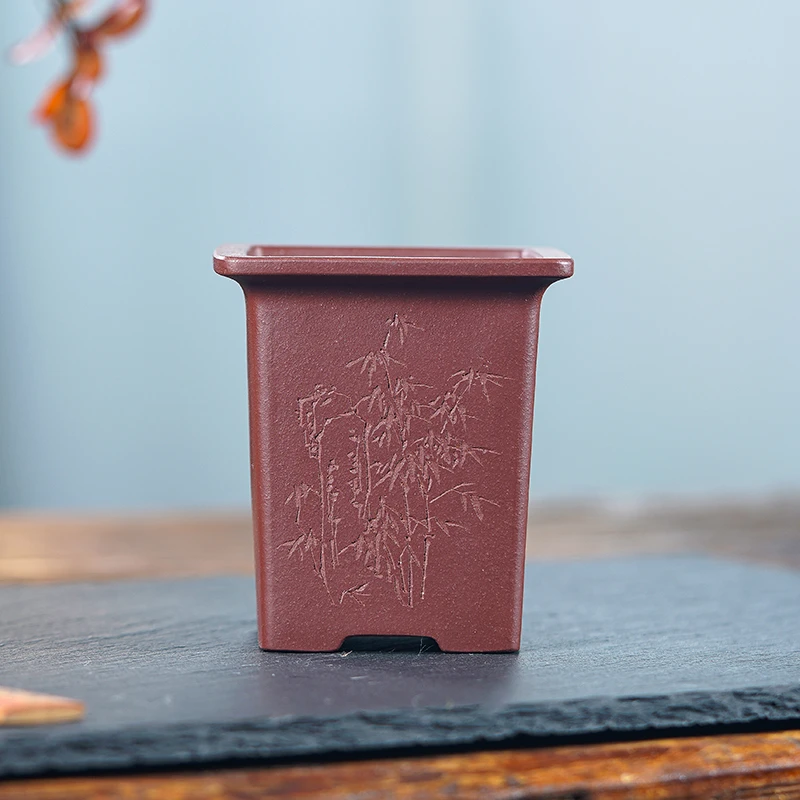 玖紫轩定制紫泥手工小精品紫砂花盆精刻版高温竹子四方盆桌面文人