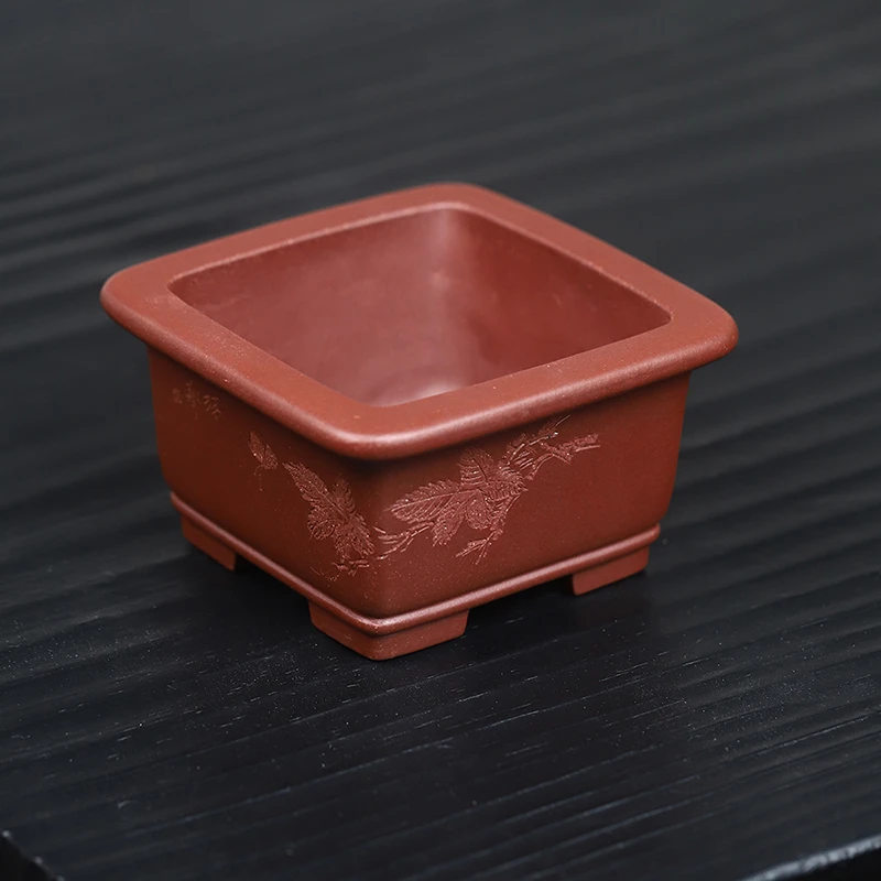 玖紫轩精品紫砂花盆宜兴微型手工刻绘菖蒲多肉小桩盆景植物桌面盆