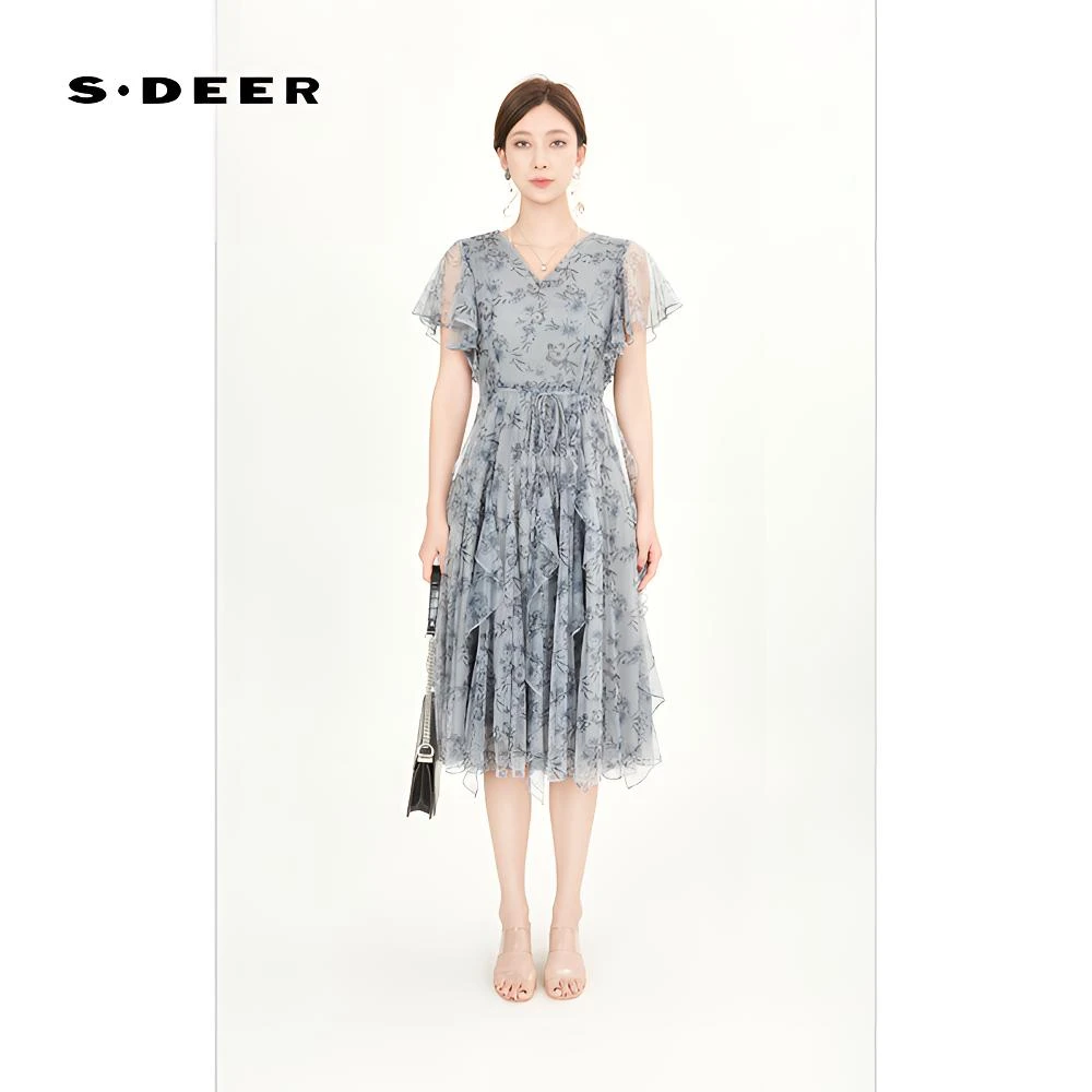 S·DEER圣迪奥夏季碎花气质蕾丝时尚法式修身女装连衣裙S242Z1290