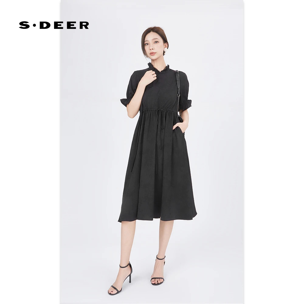 S·DEER圣迪奥夏季显瘦时尚气质设计师法式黑色收腰优雅女装连衣裙