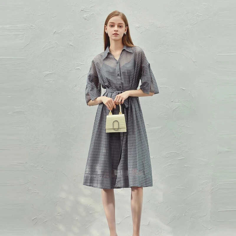 S·DEER圣迪奥气质时尚收腰轻奢春夏超显瘦格子经典优雅连衣裙女