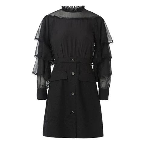 S·DEER长款设计师时尚黑色女士宽松通勤休闲A字拼接收腰中长裙