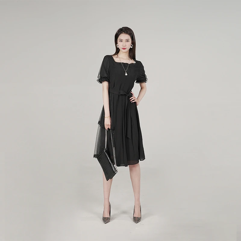 S·DEER圣迪奥女装黑色优雅复古时尚法式轻奢气质连衣裙S242Z1202