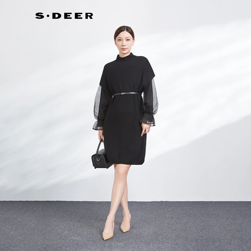 S·DEER圣迪奥女装圆领针织优雅拼接气质时尚网纱泡泡袖收腰连衣裙