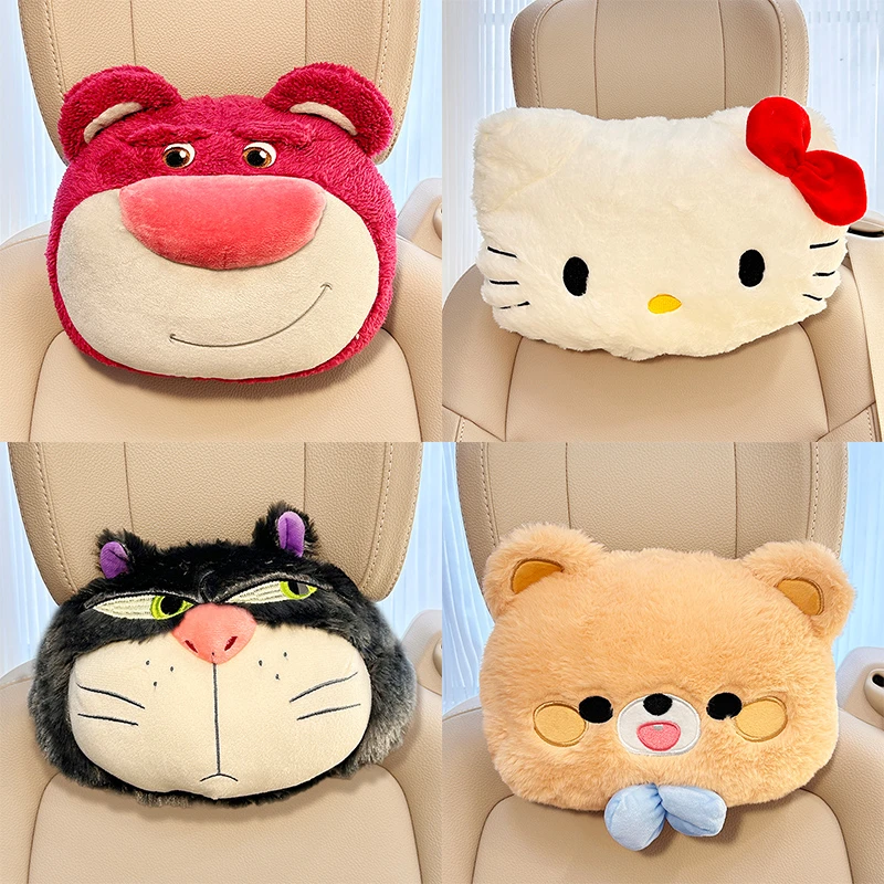 汽车头枕座椅草莓熊可爱卡通车内靠枕护颈枕冬季车垫网红毛绒靠垫