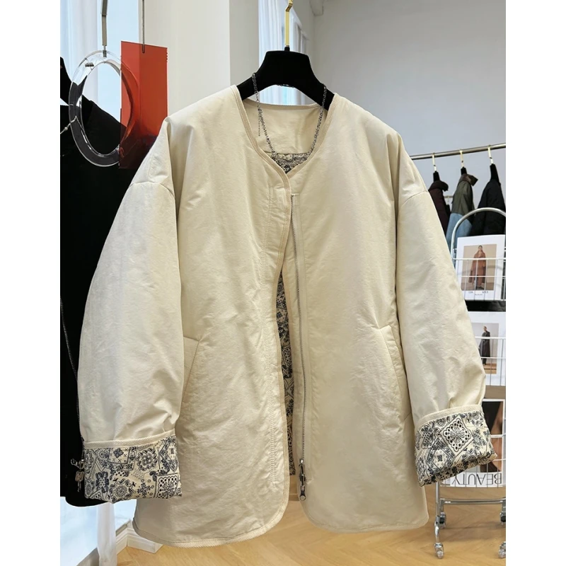 高级感复古别致独特超好看圆领棉服女秋冬慵懒松弛感休闲棉衣外套