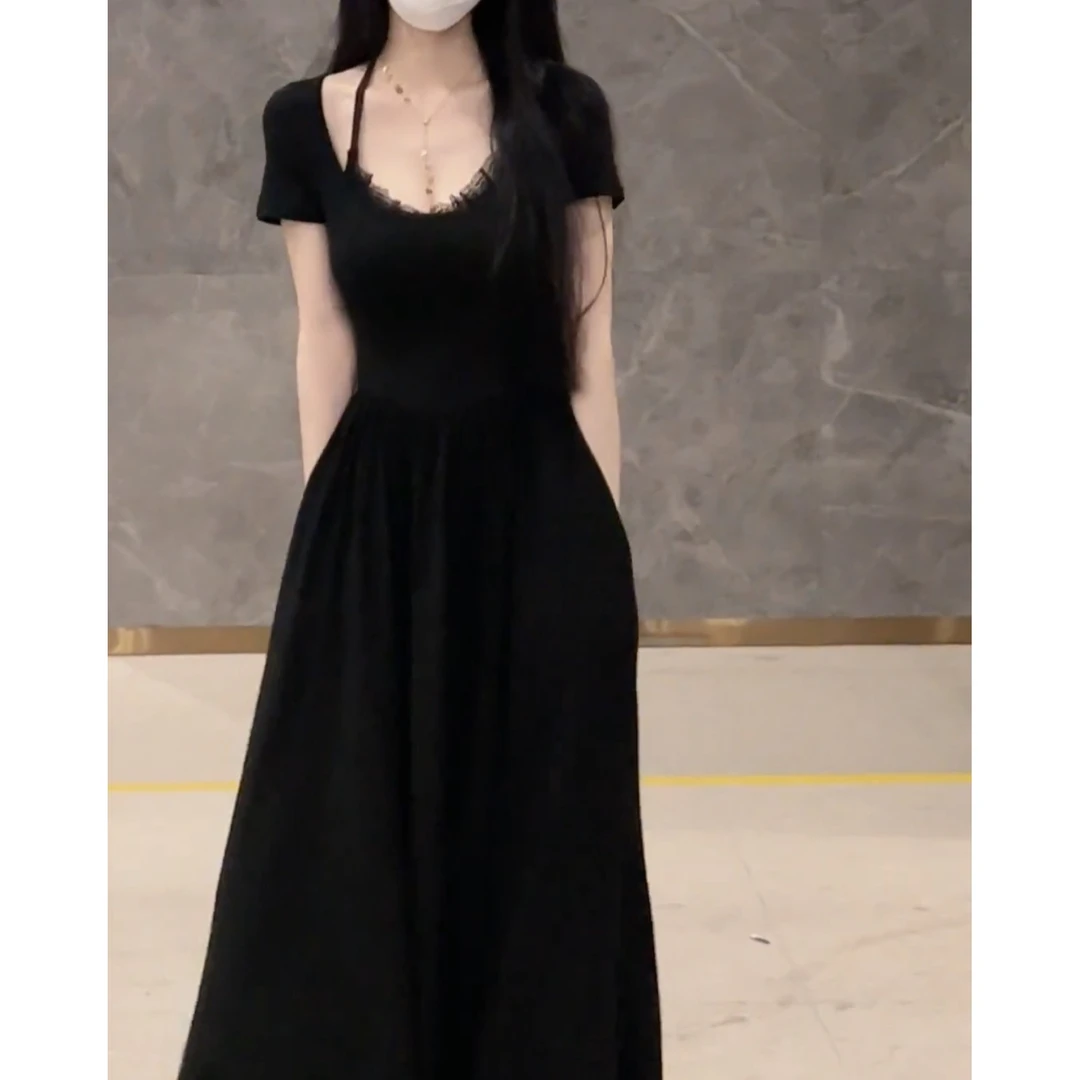 法式气质假两件连衣裙夏季设计感纯欲辣妹收腰显瘦中长裙连衣裙