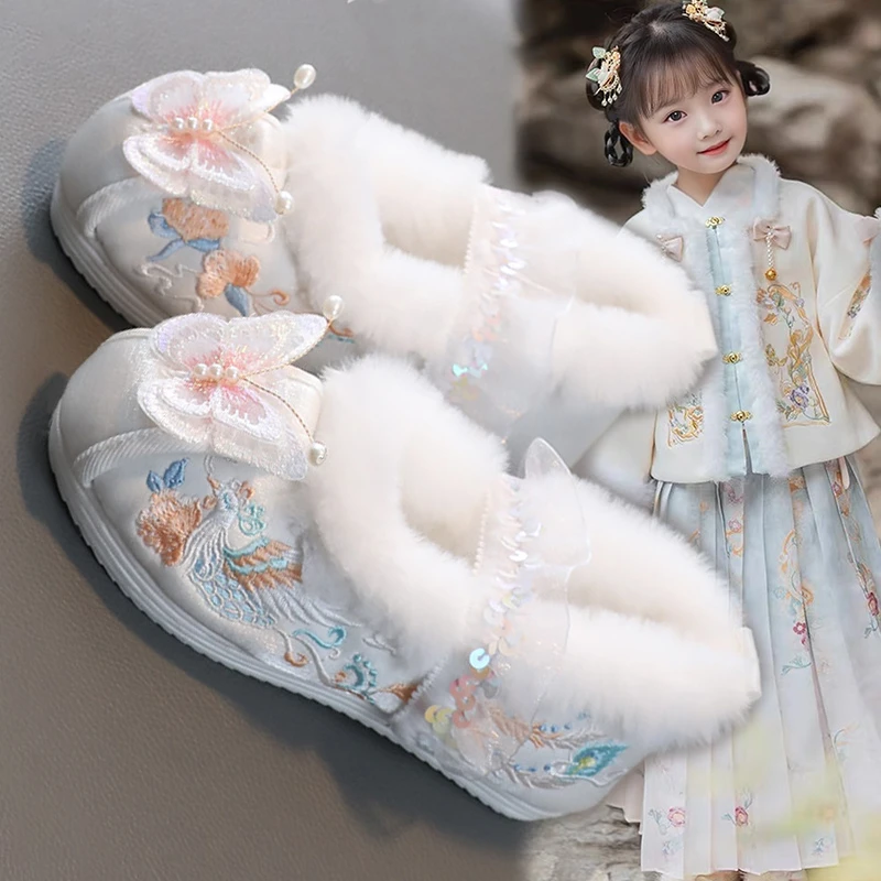 儿童汉服鞋子女童古风绣花鞋女宝宝国潮拜年鞋古装鞋保暖加绒棉鞋