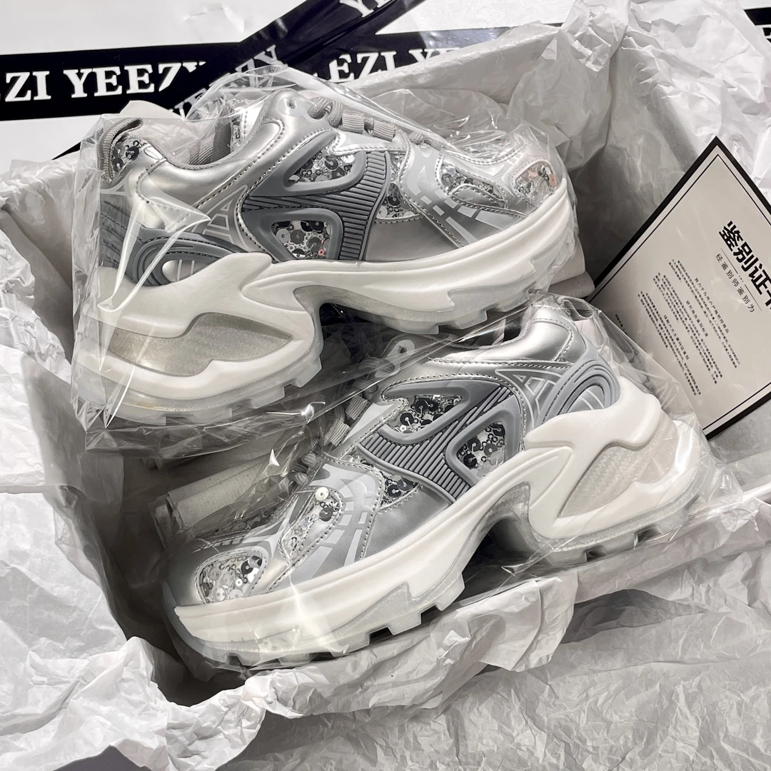 露思同款老爹鞋月落星河厚底银色女2024冬季新款真皮休闲运动鞋