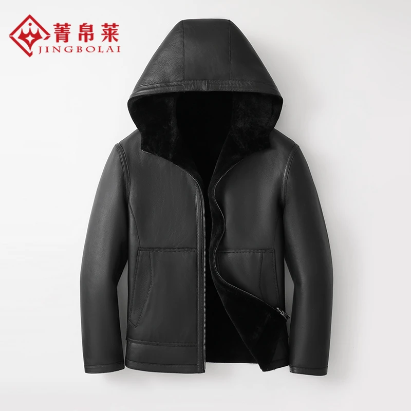 两面穿短款原生态皮毛一体真皮衣外套男士连帽保暖时尚加绒休闲黑