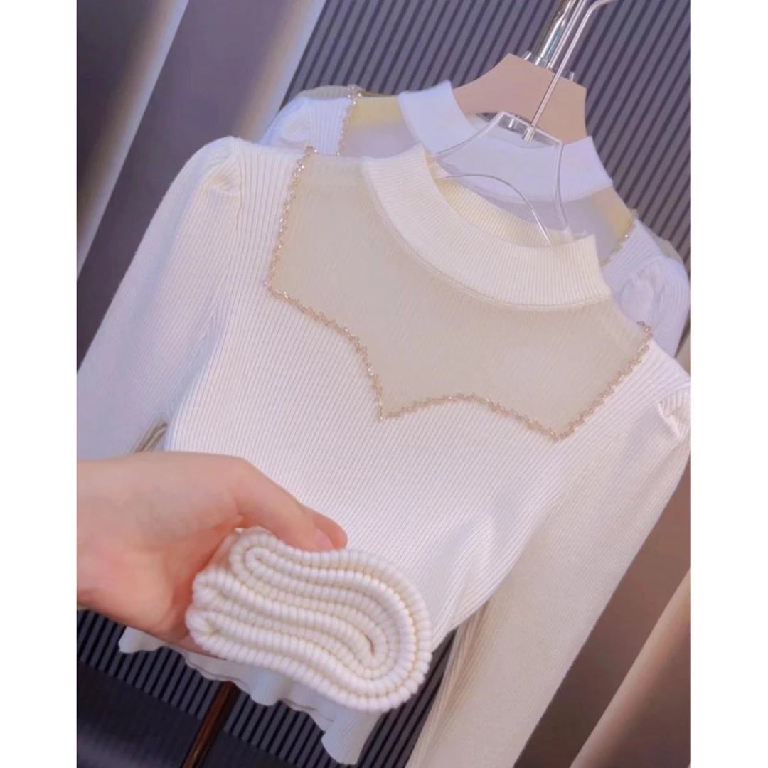 【粉丝专享】新款串珠网纱拼接半高领长袖设计感秋冬时尚针织衫